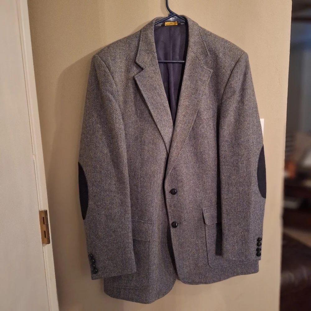Vintage Gray Wool Herringbone Suit Coat Blazer with Elbow Patches 44 L